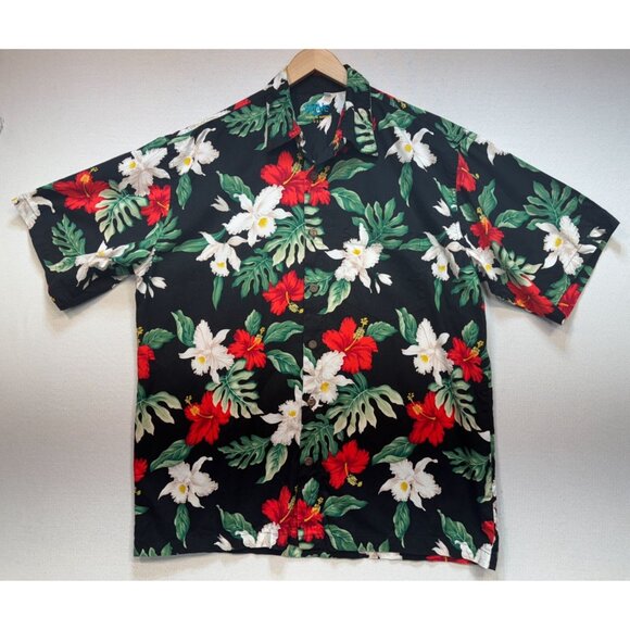 Kane Malia Men Button Up Hawaiian Shirt Short Sleeve Sz XL Black Tropical Floral - Picture 1 of 12